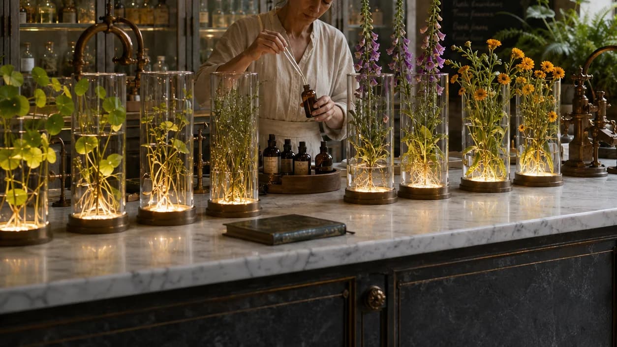 Biopunk apothecary: practitioner pipettes a tincture beside glass vessels of living medicinal plants on a marble counter