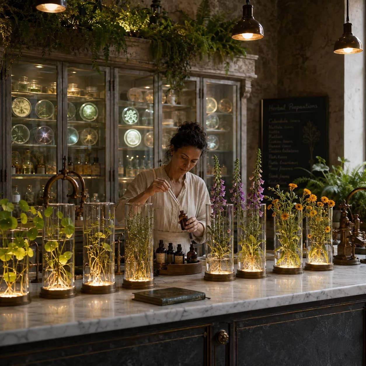 Biopunk apothecary: practitioner pipettes a tincture beside glass vessels of living medicinal plants on a marble counter