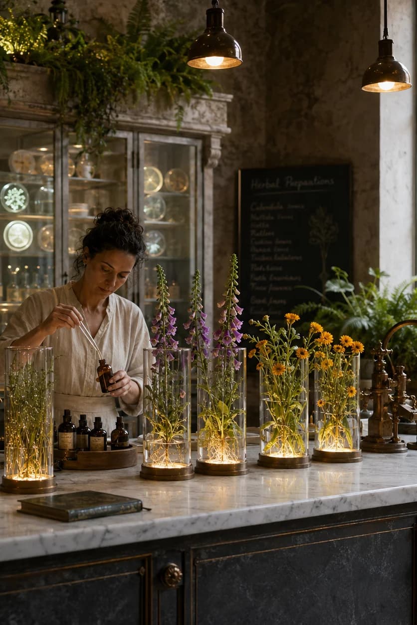 Biopunk apothecary: practitioner pipettes a tincture beside glass vessels of living medicinal plants on a marble counter
