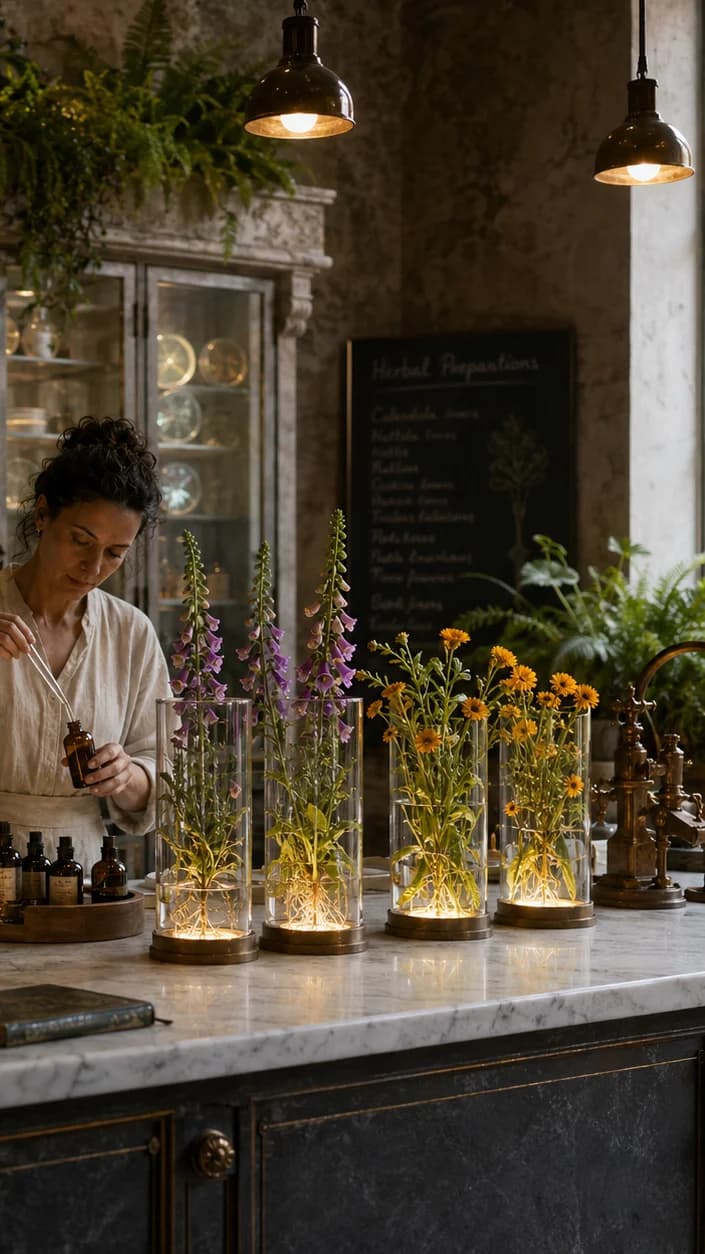Biopunk apothecary: practitioner pipettes a tincture beside glass vessels of living medicinal plants on a marble counter