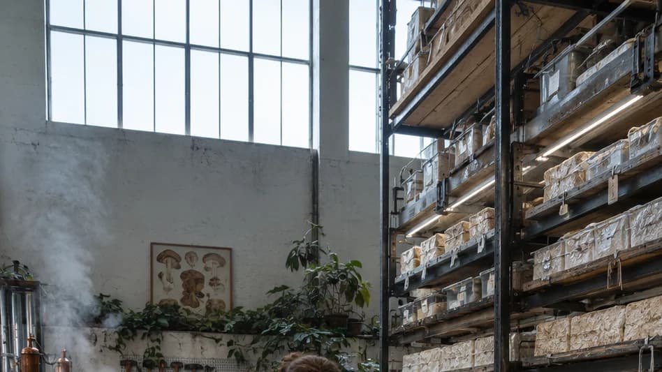 Biopunk mycelium foundry: worker lifts a mycelium-grown seat from a wooden mould beside racks of substrate trays