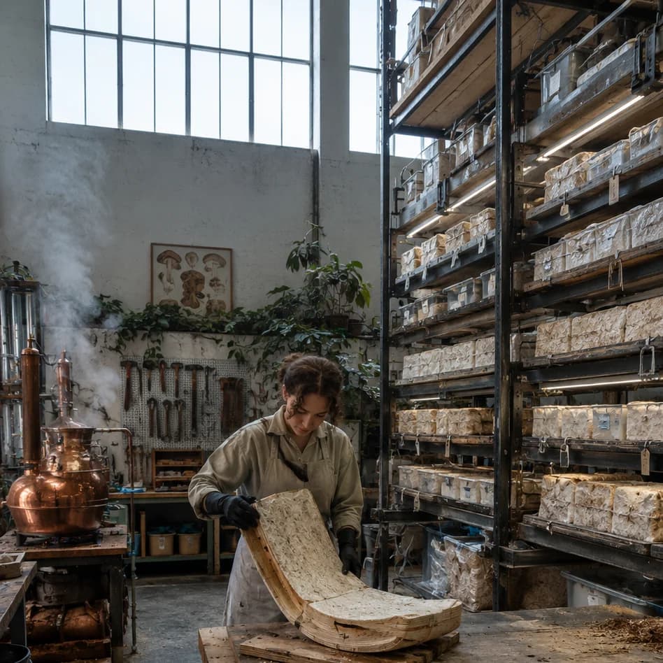 Biopunk mycelium foundry: worker lifts a mycelium-grown seat from a wooden mould beside racks of substrate trays