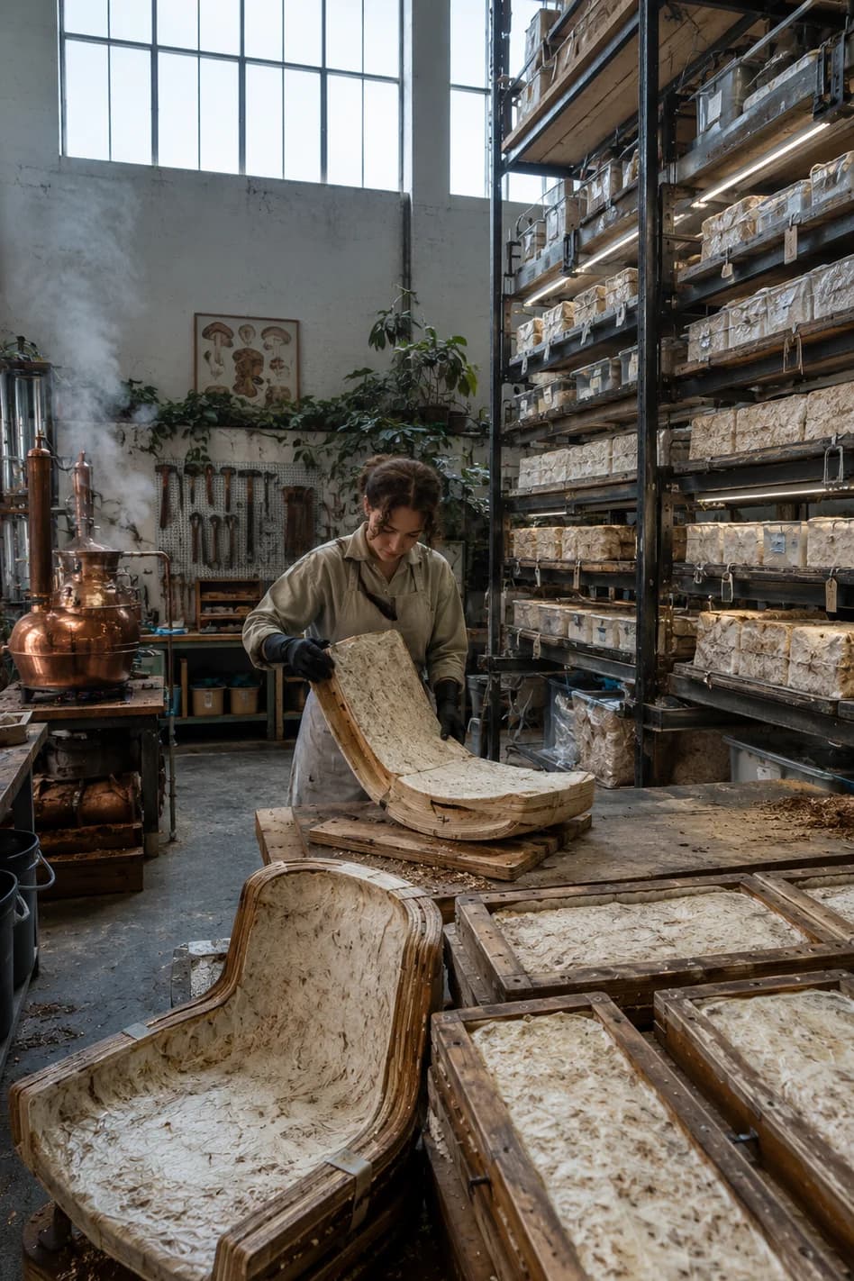 Biopunk mycelium foundry: worker lifts a mycelium-grown seat from a wooden mould beside racks of substrate trays