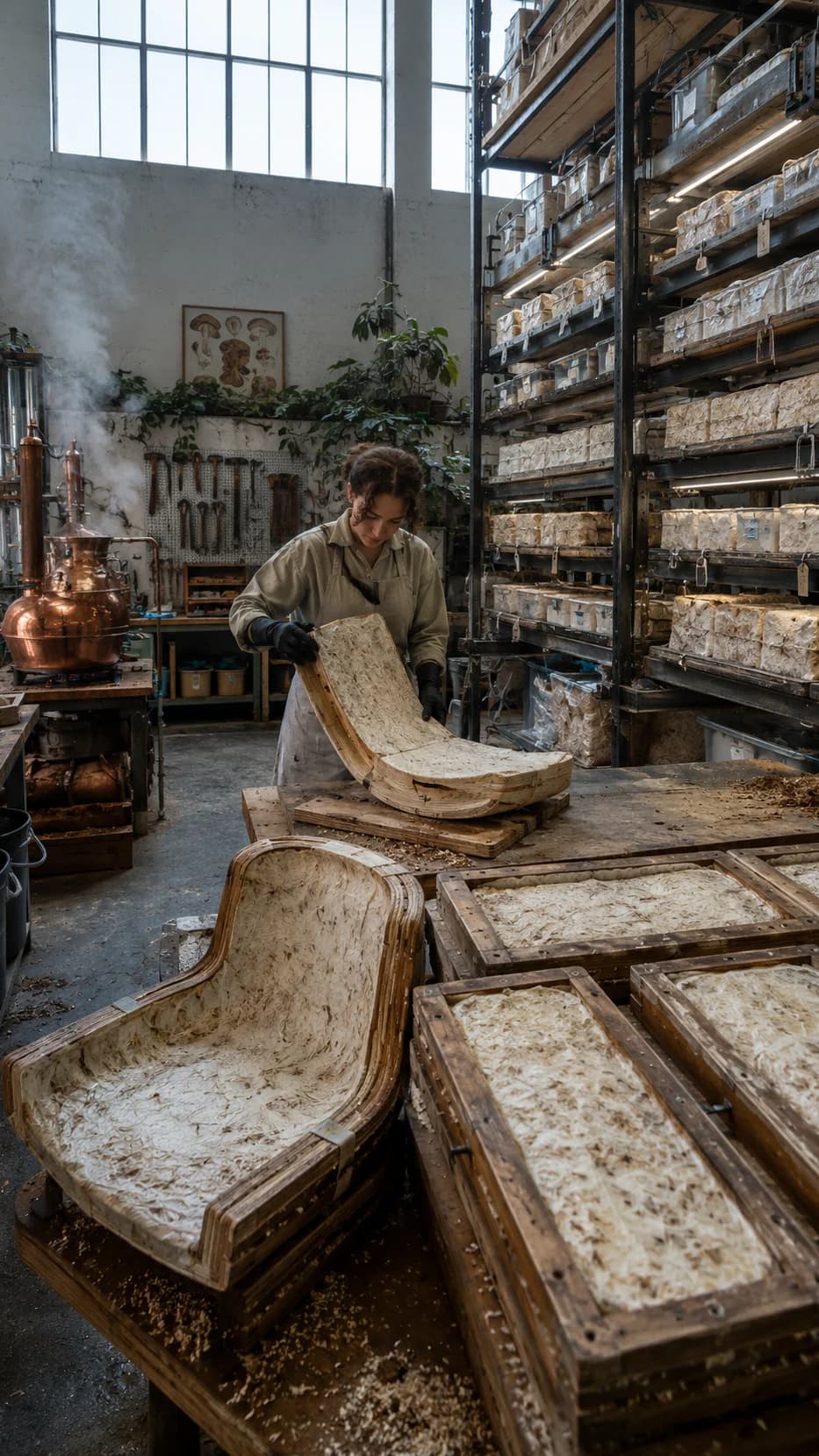 Biopunk mycelium foundry: worker lifts a mycelium-grown seat from a wooden mould beside racks of substrate trays