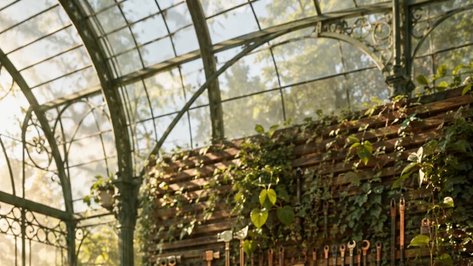 Solarpunk glasshouse repair workshop with brass lantern under examination; two workers at adjacent benches behind