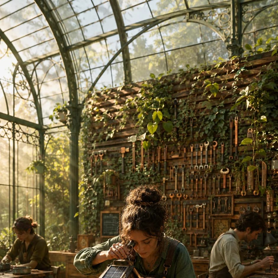 Solarpunk glasshouse repair workshop with brass lantern under examination; two workers at adjacent benches behind