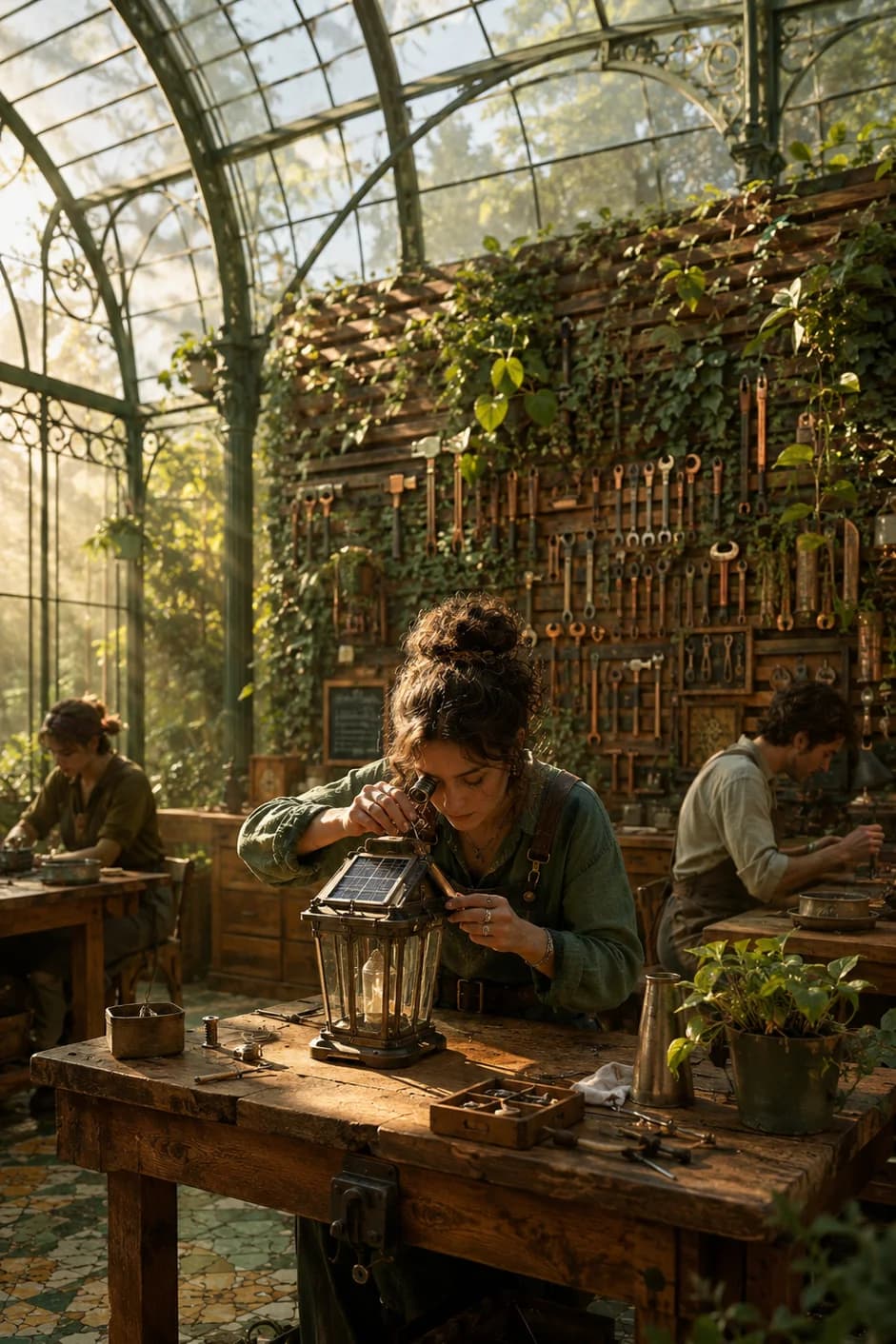 Solarpunk glasshouse repair workshop with brass lantern under examination; two workers at adjacent benches behind