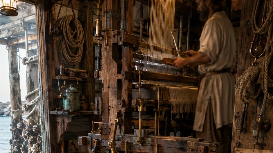 Oceanpunk tidal mill workshop: weaver at a warp-weighted loom above a glass-floor hatch revealing brass gears in water