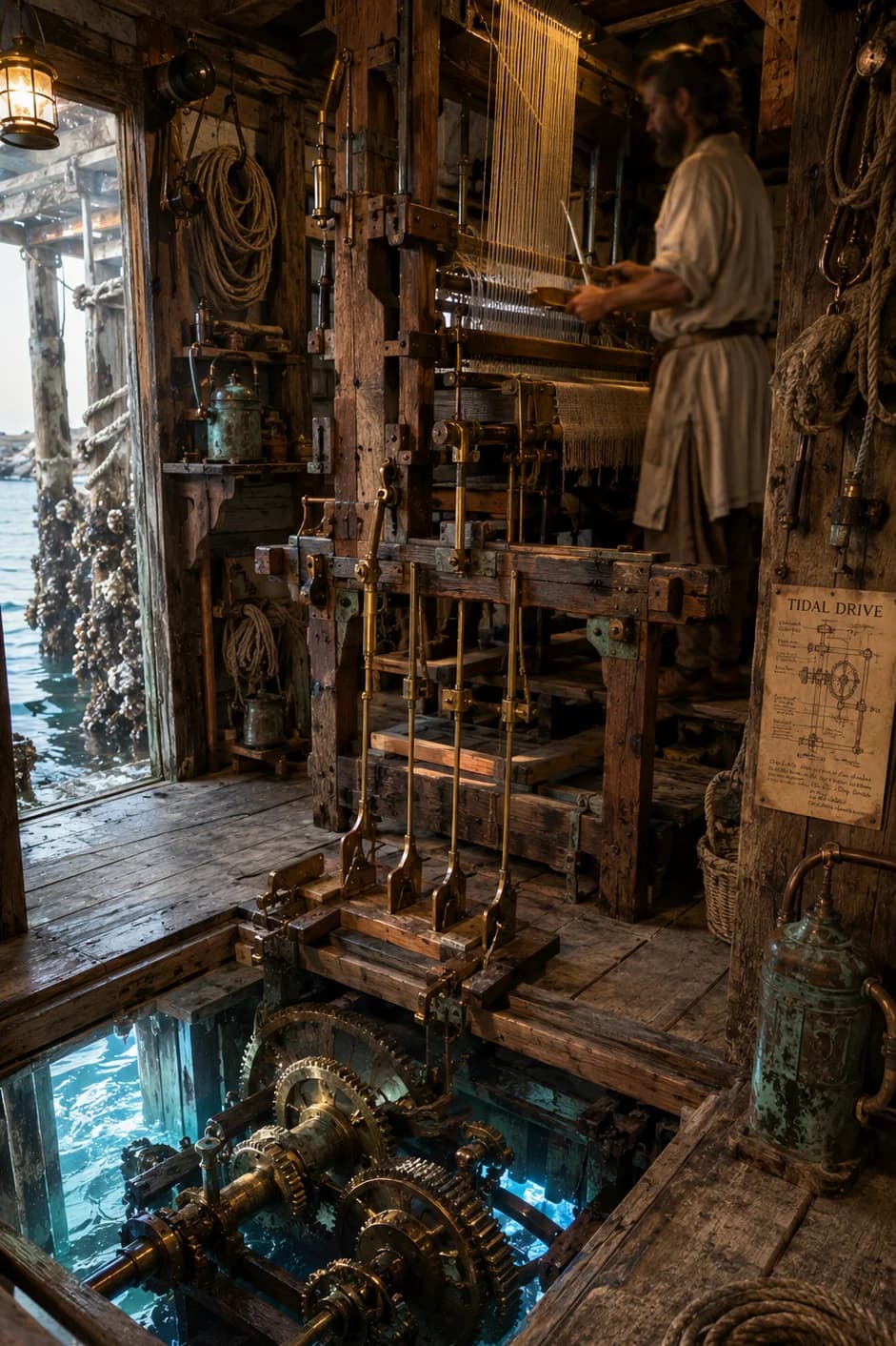 Oceanpunk tidal mill workshop: weaver at a warp-weighted loom above a glass-floor hatch revealing brass gears in water