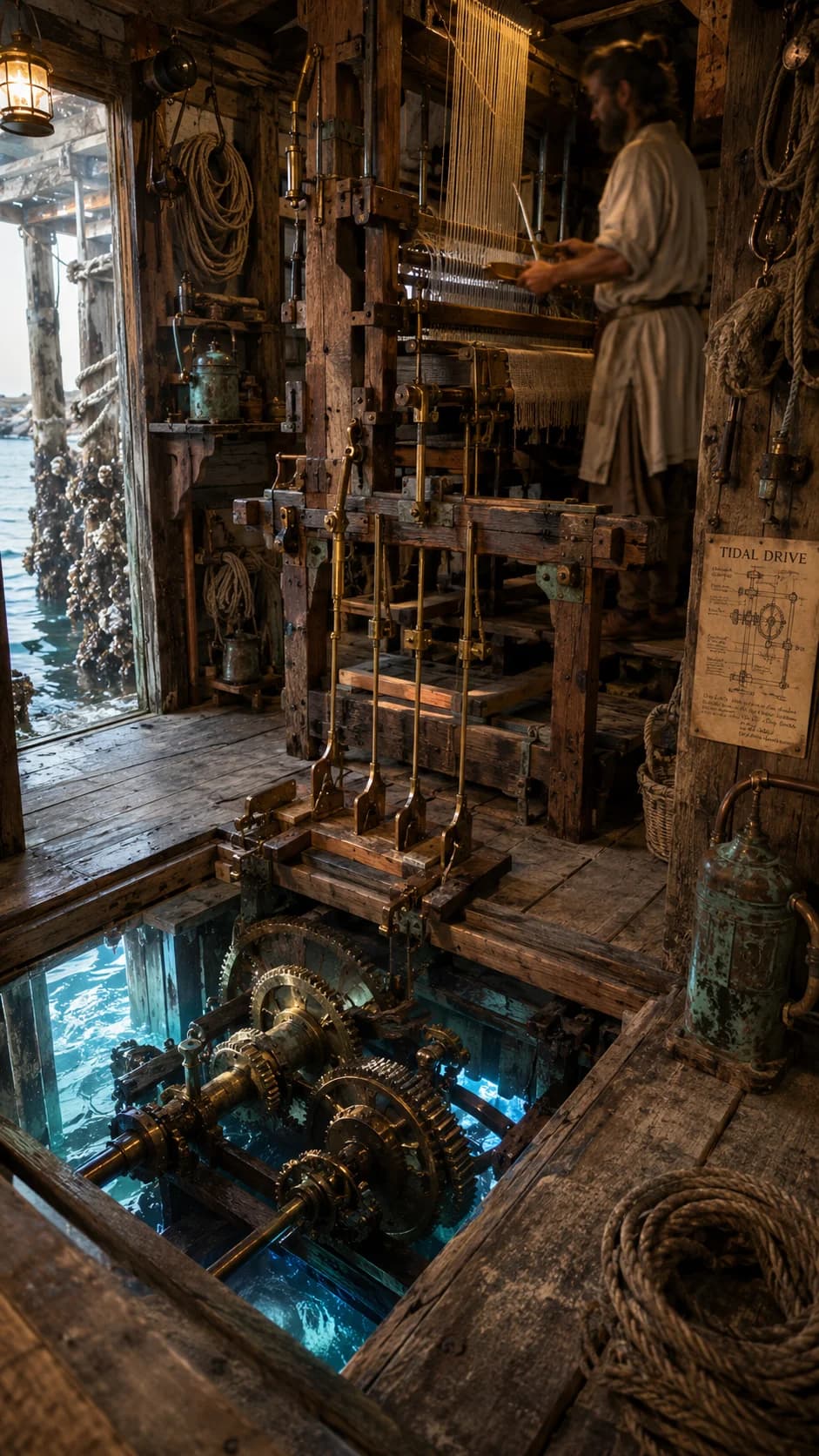 Oceanpunk tidal mill workshop: weaver at a warp-weighted loom above a glass-floor hatch revealing brass gears in water