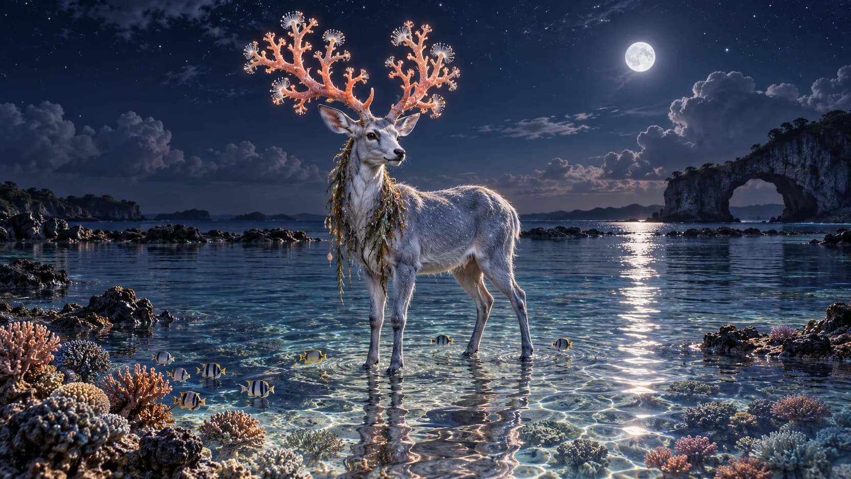 A silver-blue stag with coral-pink antlers stands among reef fish in a clear moonlit lagoon.