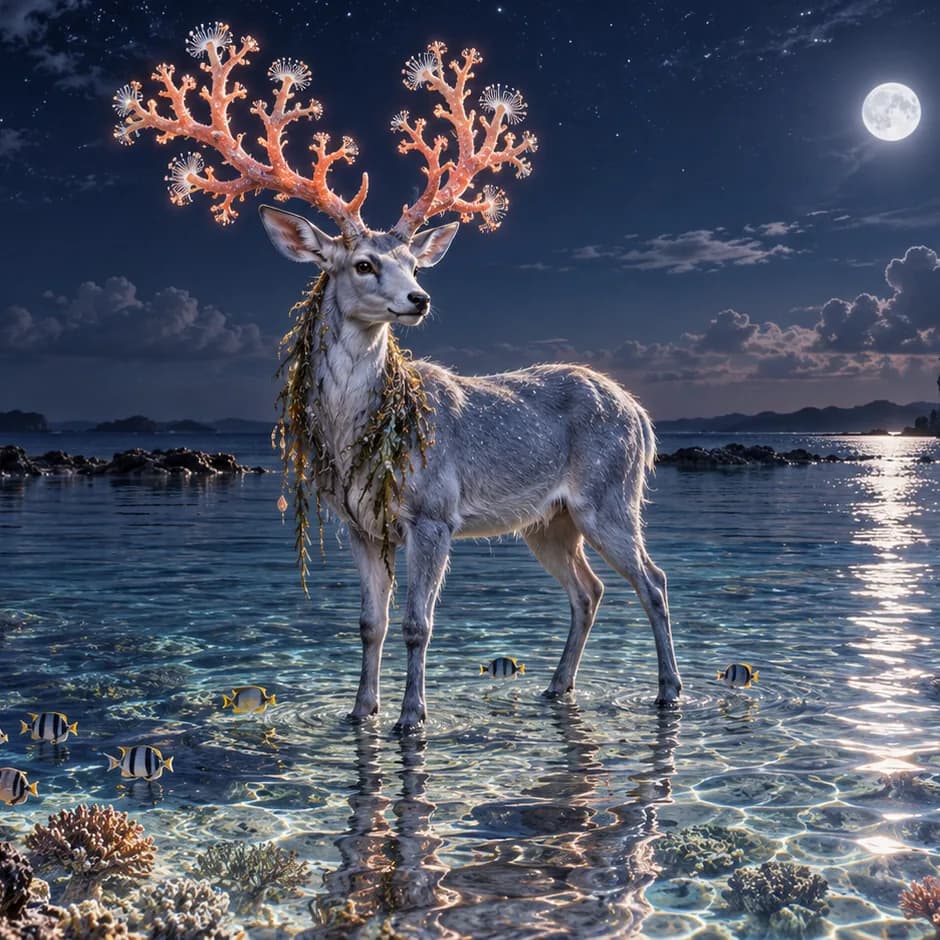 A silver-blue stag with coral-pink antlers stands among reef fish in a clear moonlit lagoon.