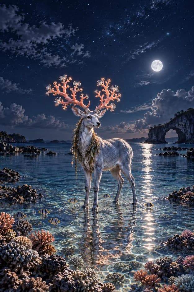A silver-blue stag with coral-pink antlers stands among reef fish in a clear moonlit lagoon.