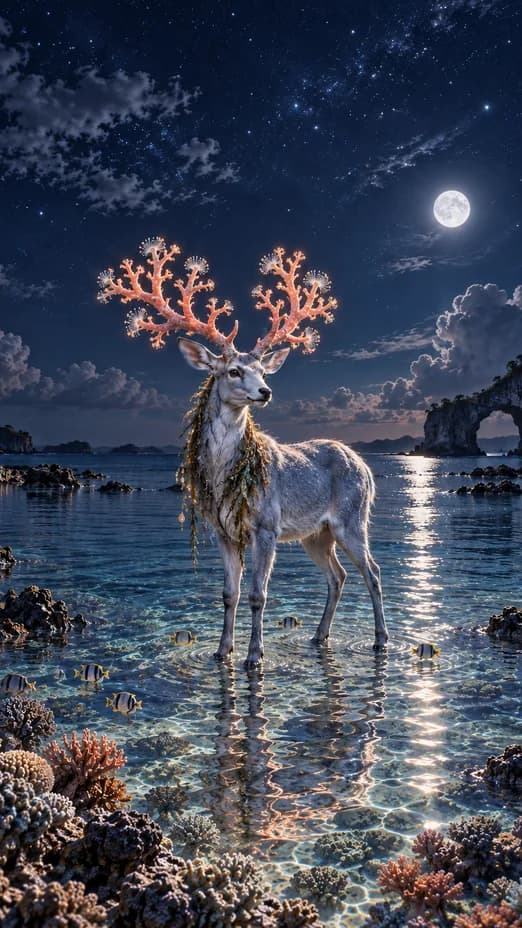 A silver-blue stag with coral-pink antlers stands among reef fish in a clear moonlit lagoon.