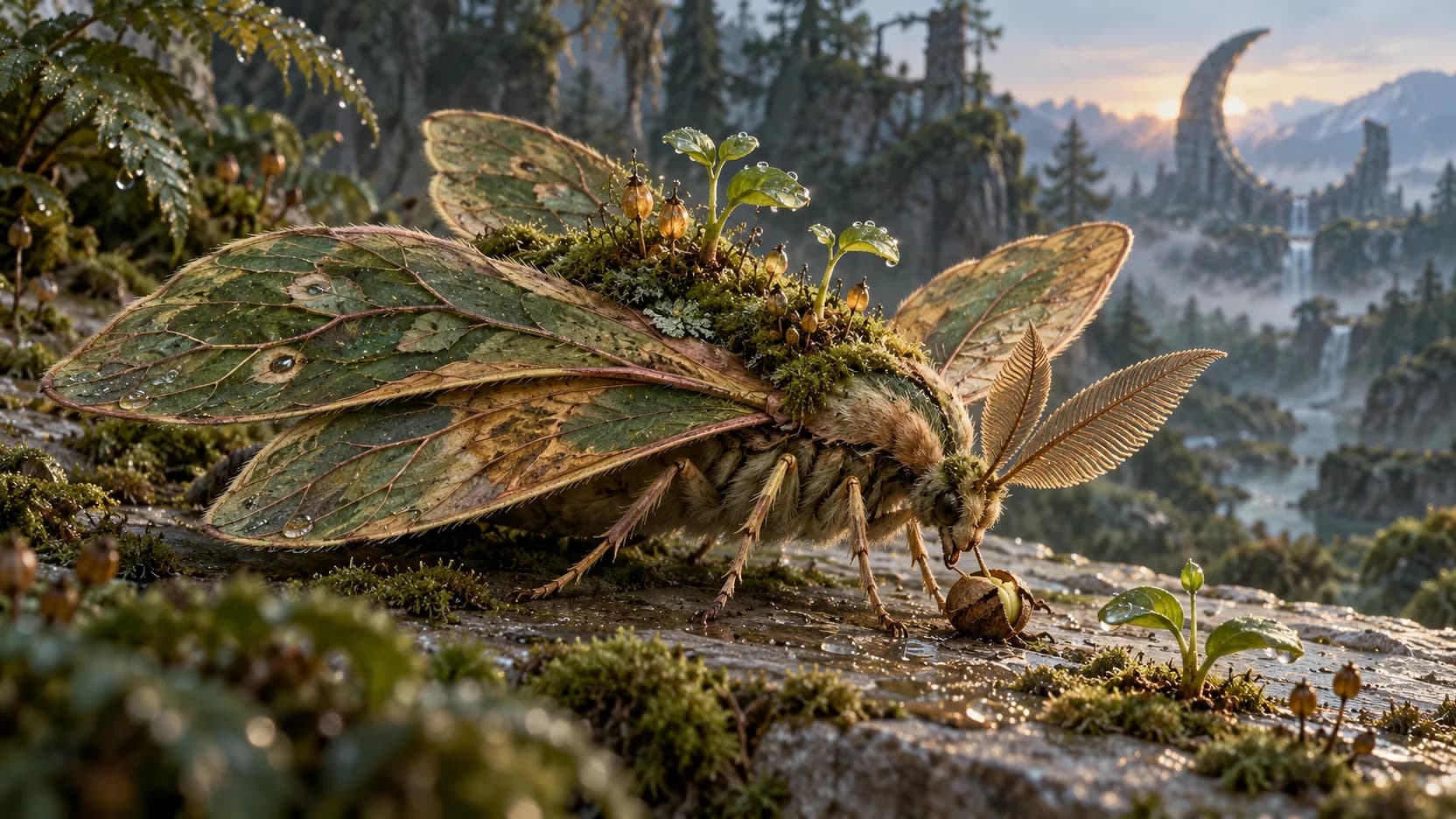 A leaf-winged moth carries moss, seedlings and amber seedpods on its back beside a cracked seed on wet stone.