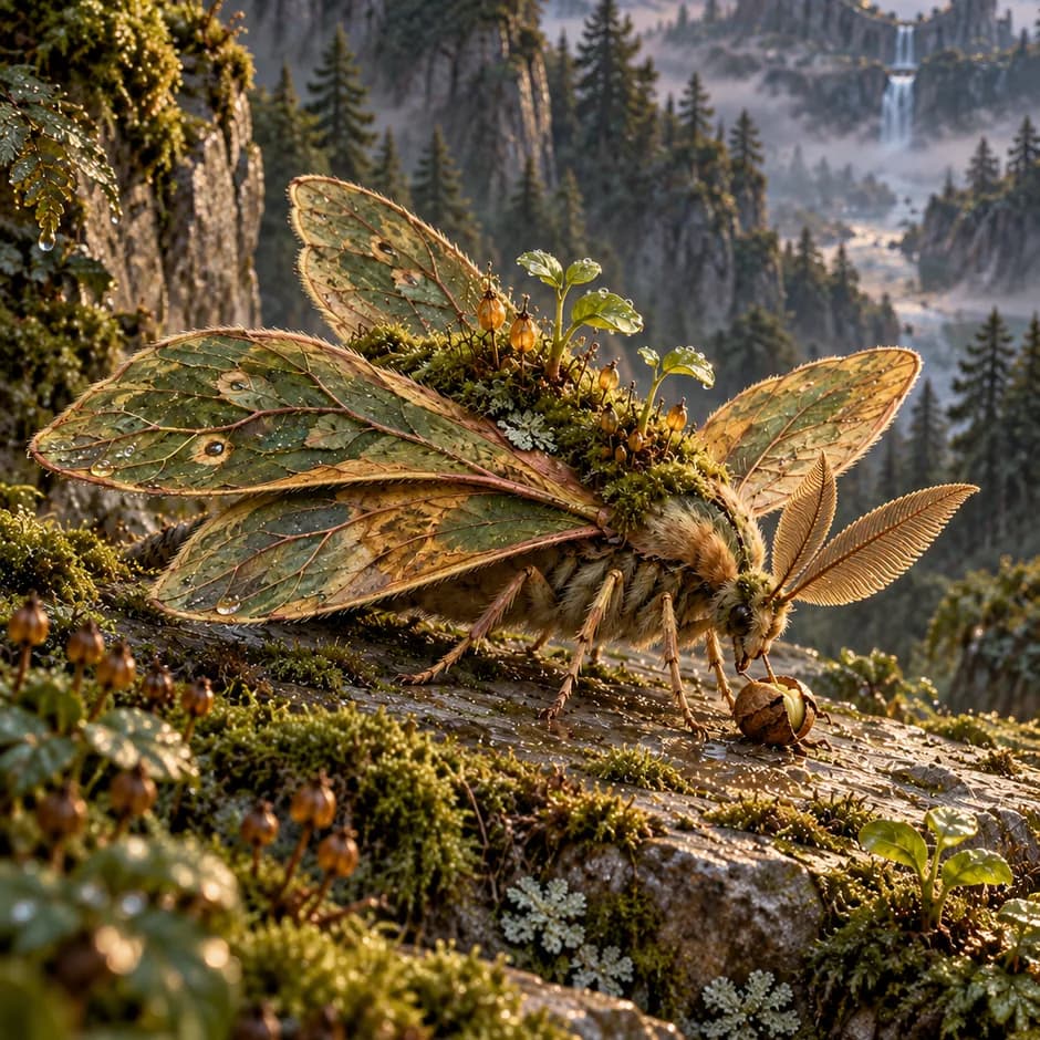 A leaf-winged moth carries moss, seedlings and amber seedpods on its back beside a cracked seed on wet stone.