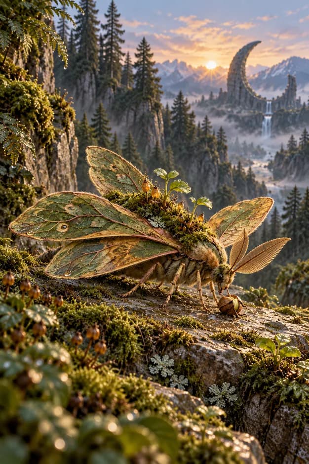 A leaf-winged moth carries moss, seedlings and amber seedpods on its back beside a cracked seed on wet stone.