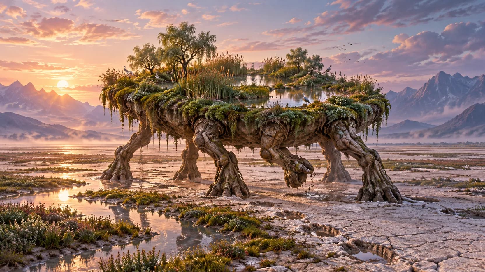 A wetland island with reed pools and small trees walks on root-like legs across a salt flat at dawn.