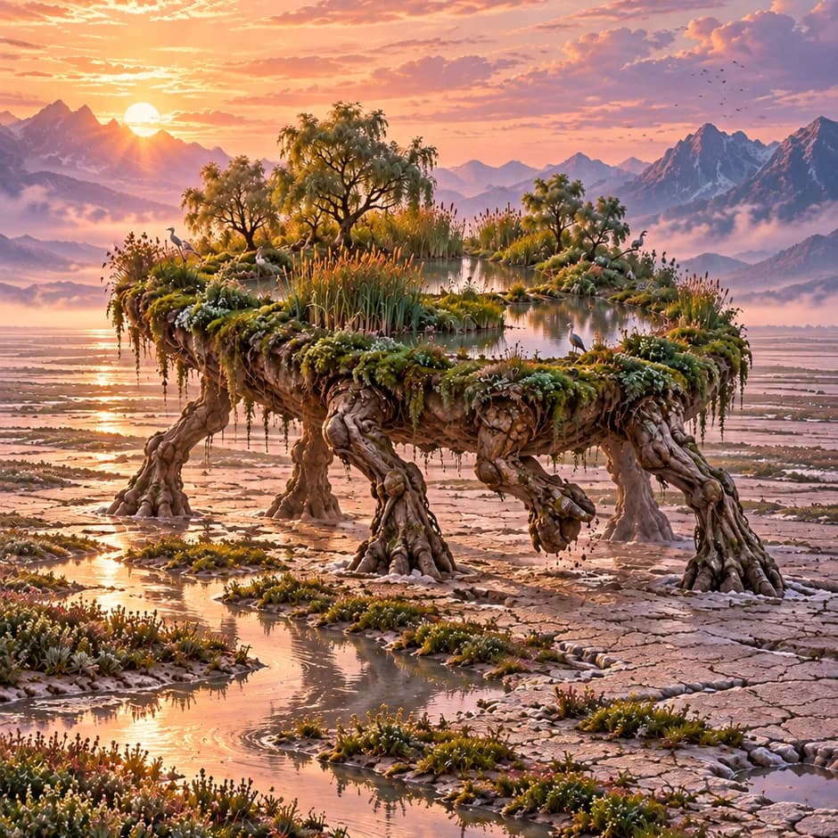 A wetland island with reed pools and small trees walks on root-like legs across a salt flat at dawn.