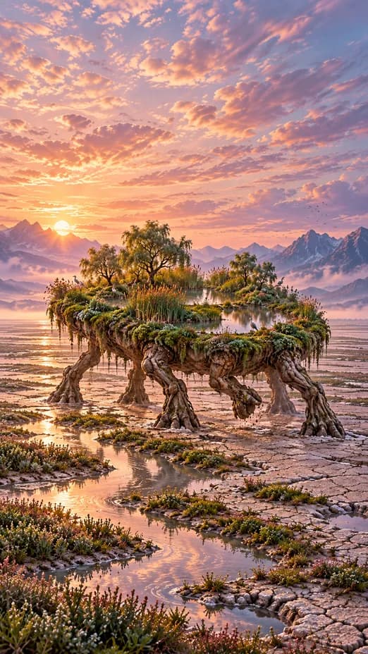A wetland island with reed pools and small trees walks on root-like legs across a salt flat at dawn.