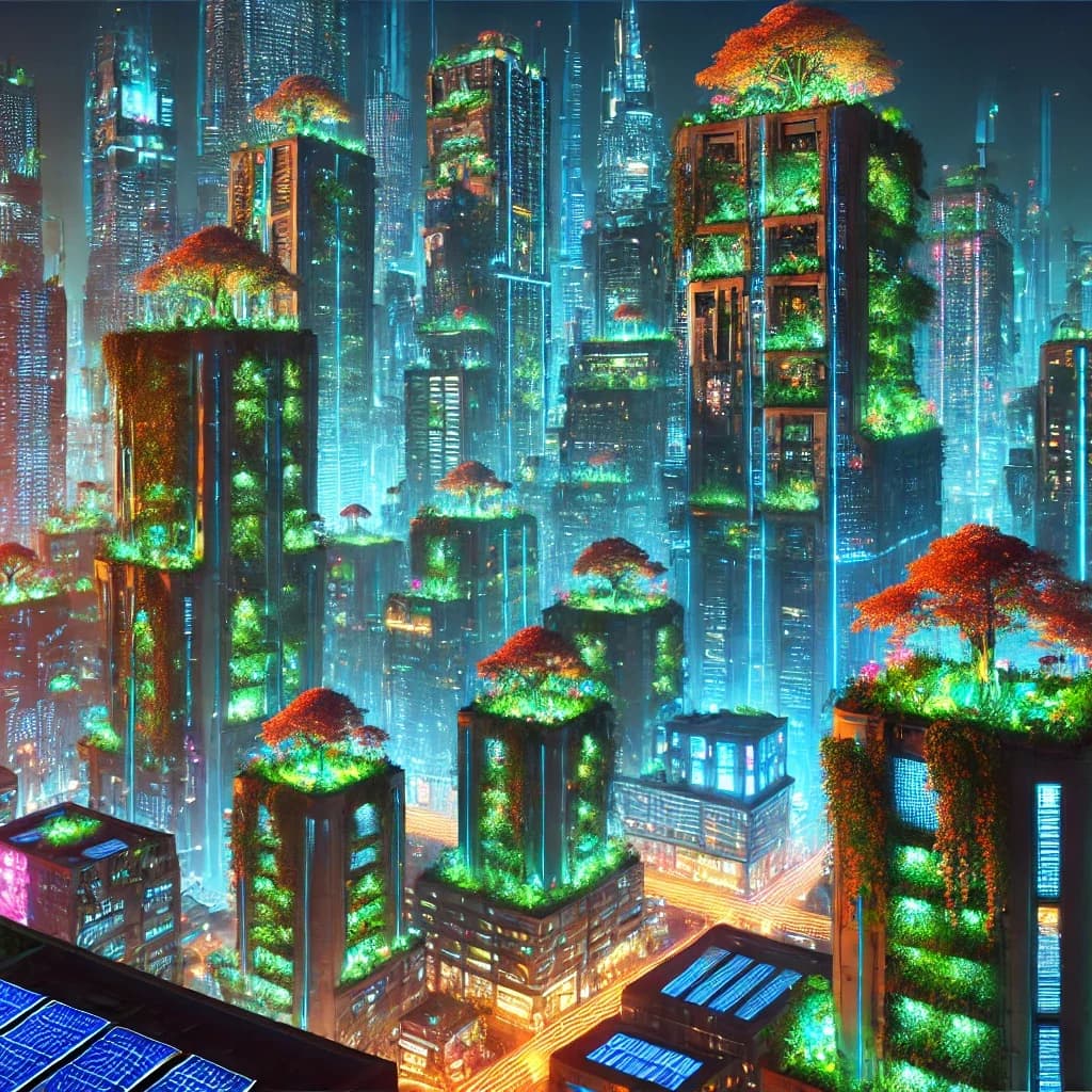 A mid-rise cyberpunk skyline at sunset with cyan neon, magenta signs, and autumn-orange Japanese maples on every terrace