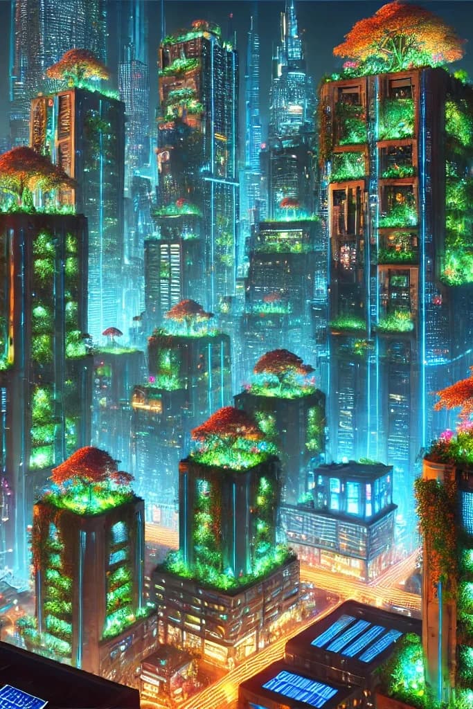 A mid-rise cyberpunk skyline at sunset with cyan neon, magenta signs, and autumn-orange Japanese maples on every terrace