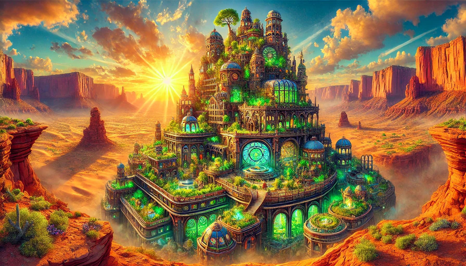 Saturated game-illustration of a green-domed steampunk citadel rising in tiers from a red-rock mesa, sunburst behind