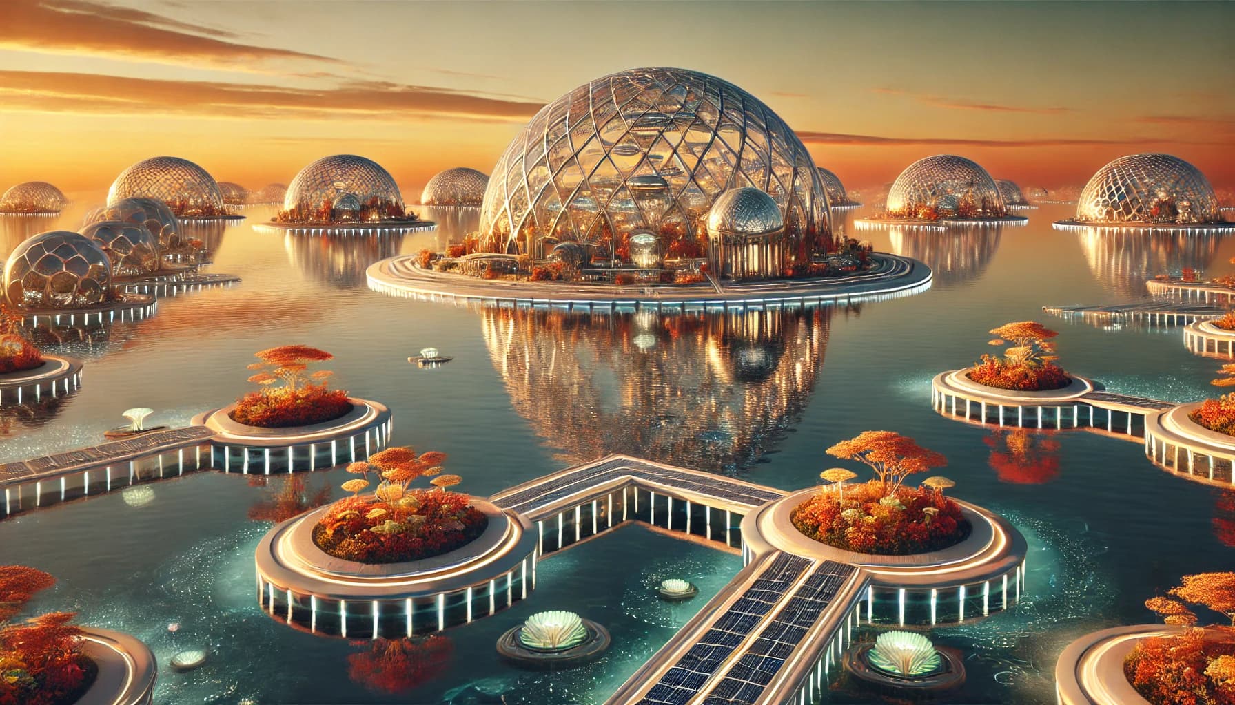 Geodesic glass domes on small floating platforms in calm water, surrounded by autumn-orange foliage and reflective light