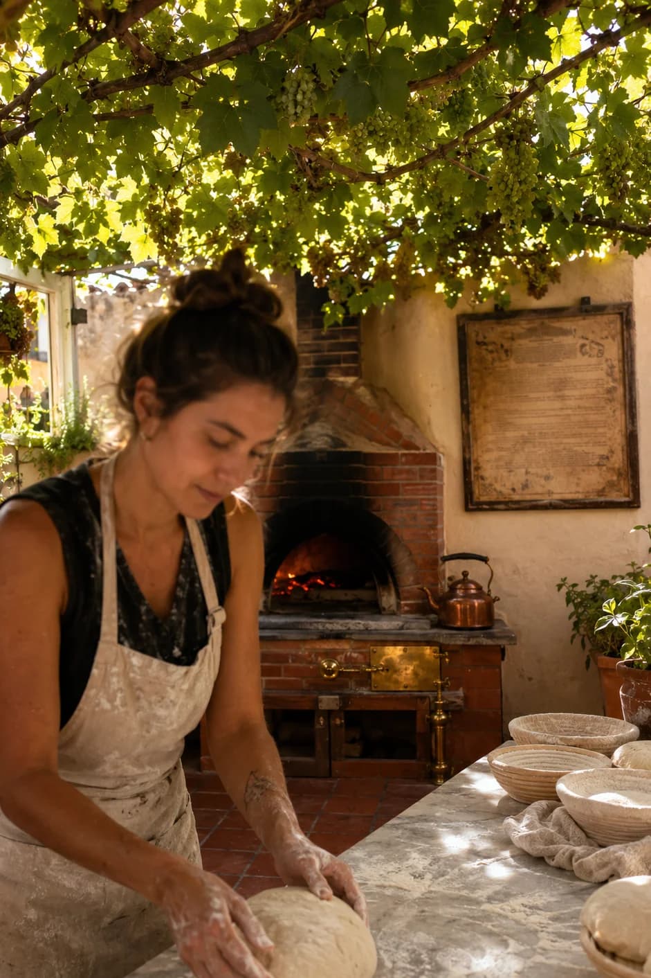 Solarpunk bakery under a grape trellis; baker shapes sourdough on a marble bench beside a wood-fired brick oven