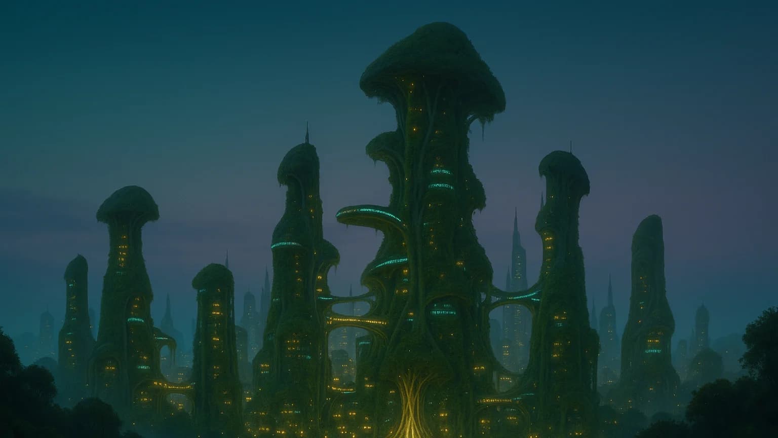 Biopunk city skyline at twilight: bulbous mushroom-cap towers with hanging roots and cyan bioluminescent veins