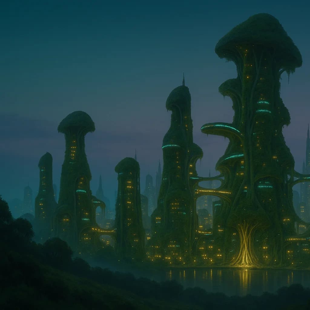 Biopunk city skyline at twilight: bulbous mushroom-cap towers with hanging roots and cyan bioluminescent veins
