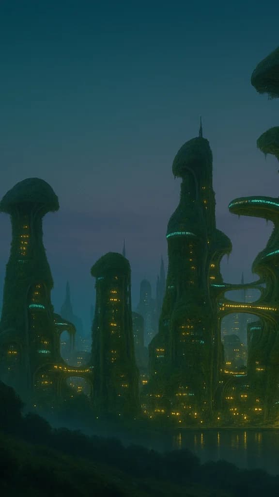 Biopunk city skyline at twilight: bulbous mushroom-cap towers with hanging roots and cyan bioluminescent veins