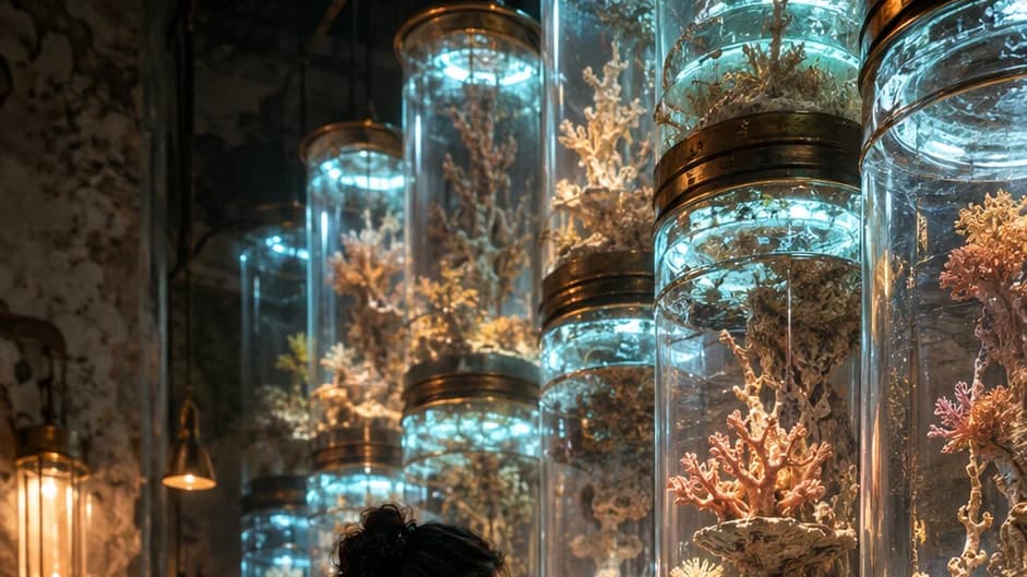 Biopunk coral sanctuary: researcher tends pink and gold coral fragments growing in tall illuminated glass cylinders