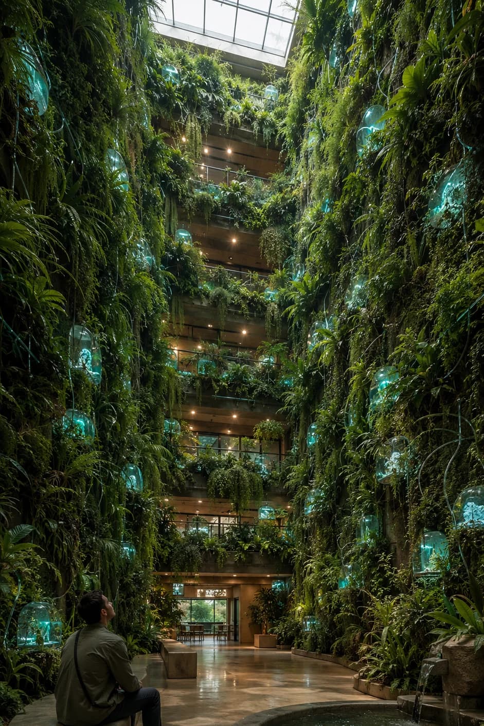 Biopunk atrium with four-story living walls of moss and fern, bioluminescent cyan pods embedded throughout