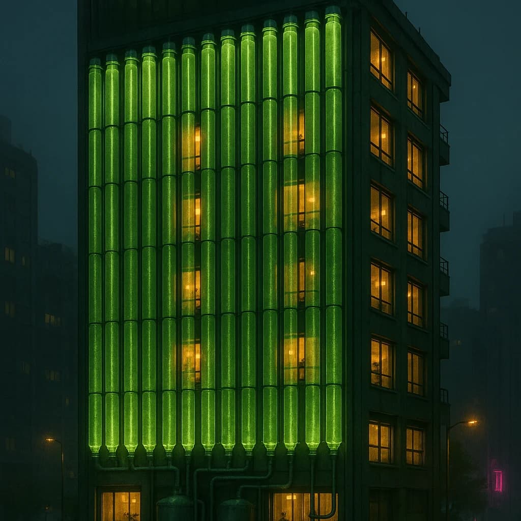 Cyberpunk algae bioreactor tower at dusk: green-glowing vertical tubes cover the facade beside warm-amber windows