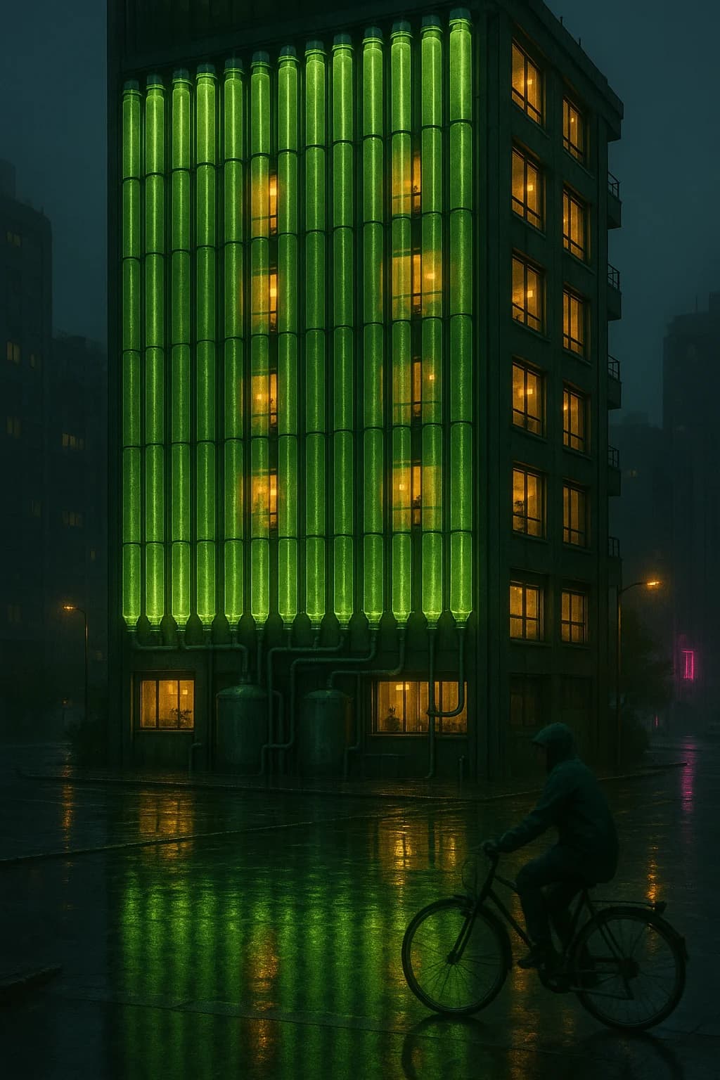 Cyberpunk algae bioreactor tower at dusk: green-glowing vertical tubes cover the facade beside warm-amber windows