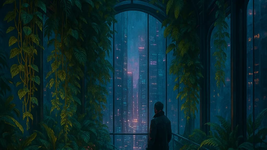 Cyberpunk-eco skybridge: dense vine garden in a glass arch corridor with a figure at the window overlooking a neon city
