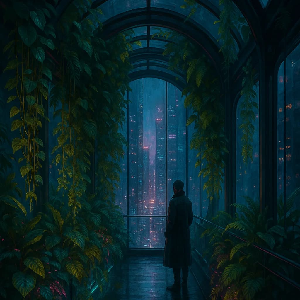 Cyberpunk-eco skybridge: dense vine garden in a glass arch corridor with a figure at the window overlooking a neon city