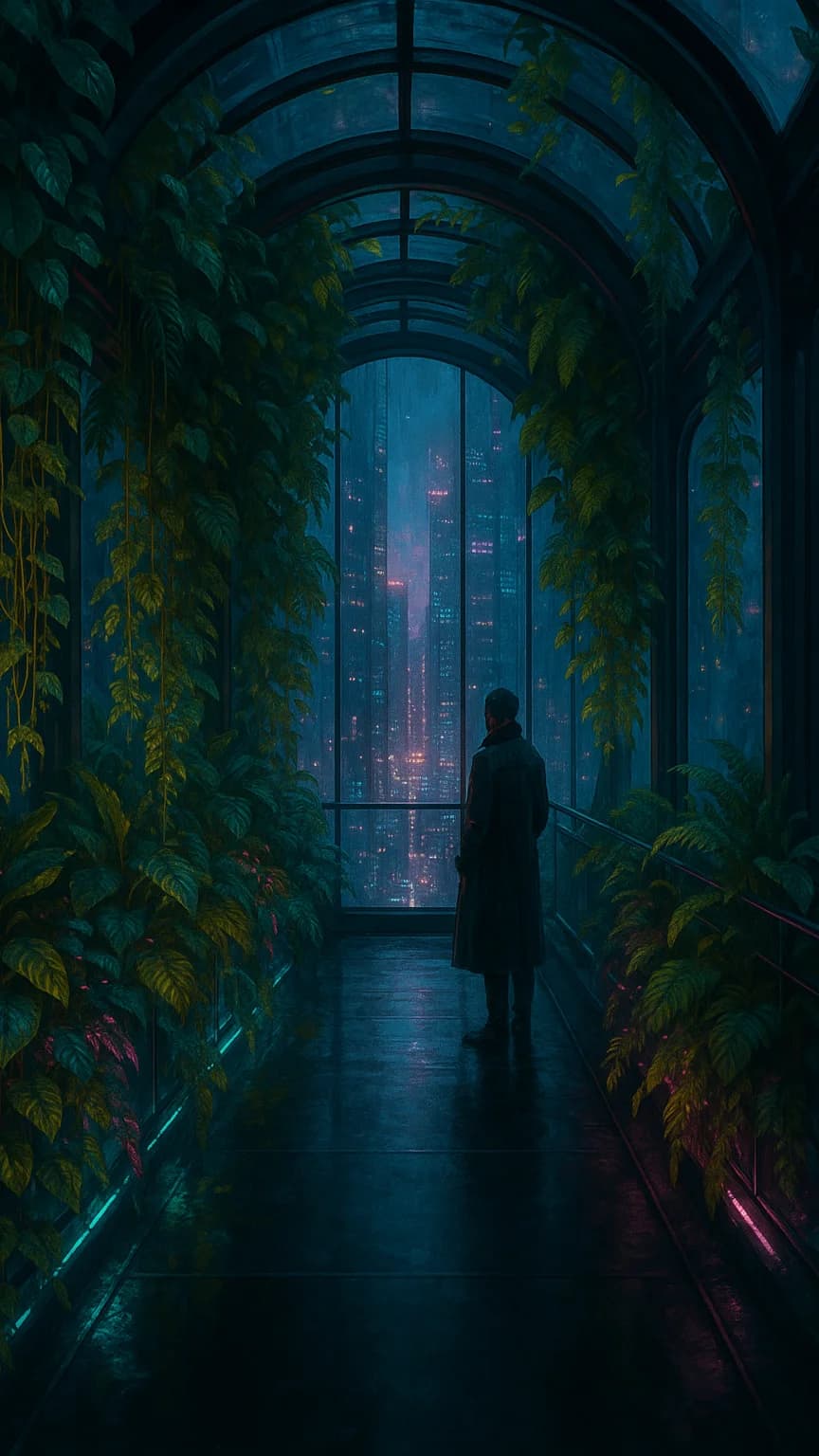 Cyberpunk-eco skybridge: dense vine garden in a glass arch corridor with a figure at the window overlooking a neon city