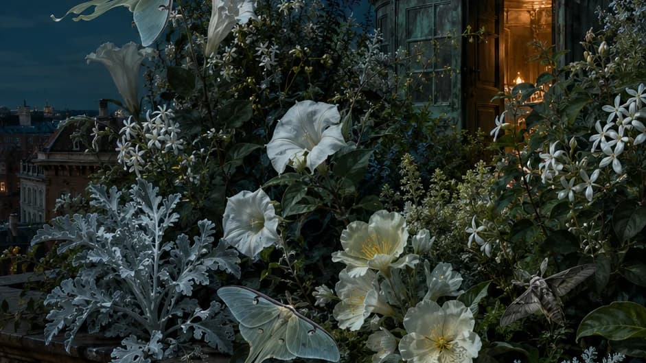 Lunarpunk rooftop pollinator garden: white moonflowers, luna moths, and a small bat under a near-full moon