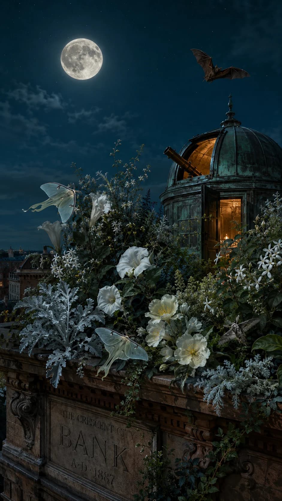 Lunarpunk rooftop pollinator garden: white moonflowers, luna moths, and a small bat under a near-full moon
