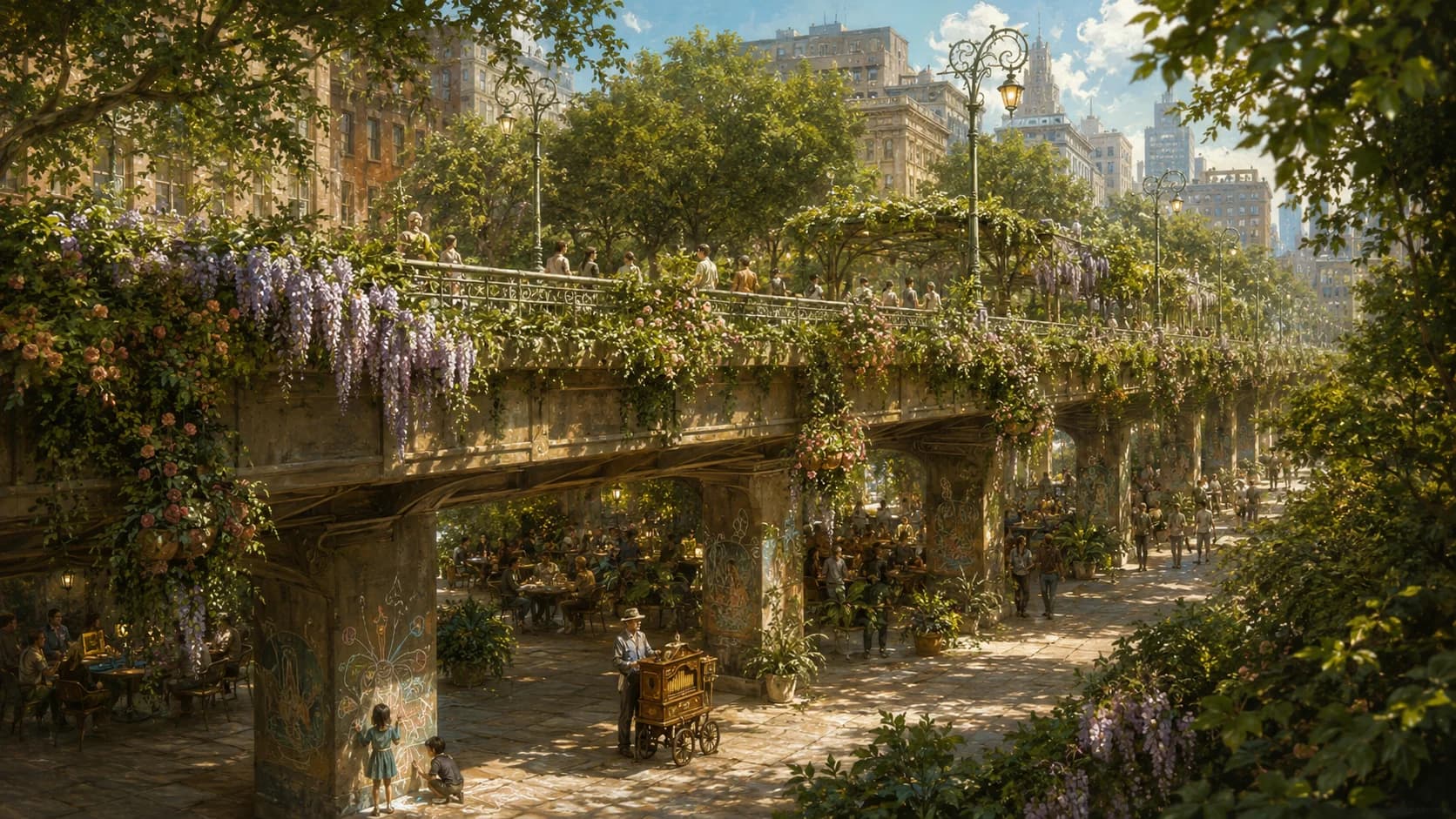 Solarpunk plaza under a wisteria-covered former highway overpass; café tables, flower vendor, and street organ