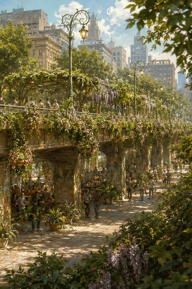 Solarpunk plaza under a wisteria-covered former highway overpass; café tables, flower vendor, and street organ