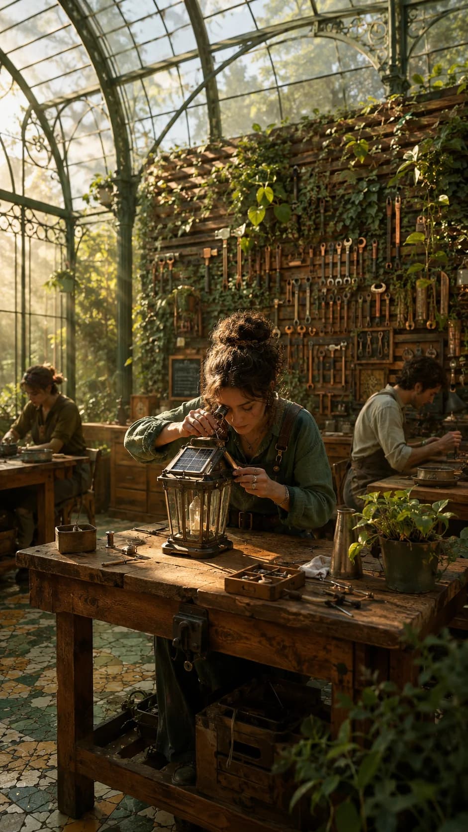 Solarpunk glasshouse repair workshop with brass lantern under examination; two workers at adjacent benches behind