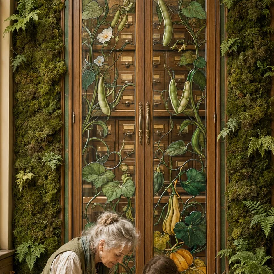 Solarpunk seed library cabinet with stained-glass sunflower doors; elder and child examine seed packets together