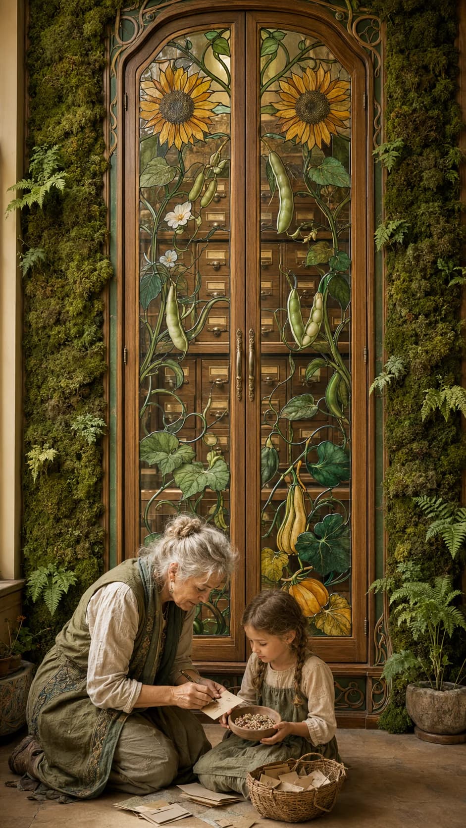 Solarpunk seed library cabinet with stained-glass sunflower doors; elder and child examine seed packets together