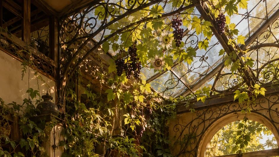 Solarpunk neighborhood care center in a glasshouse: an elder in a wheelchair, an attendant, and two men playing chess