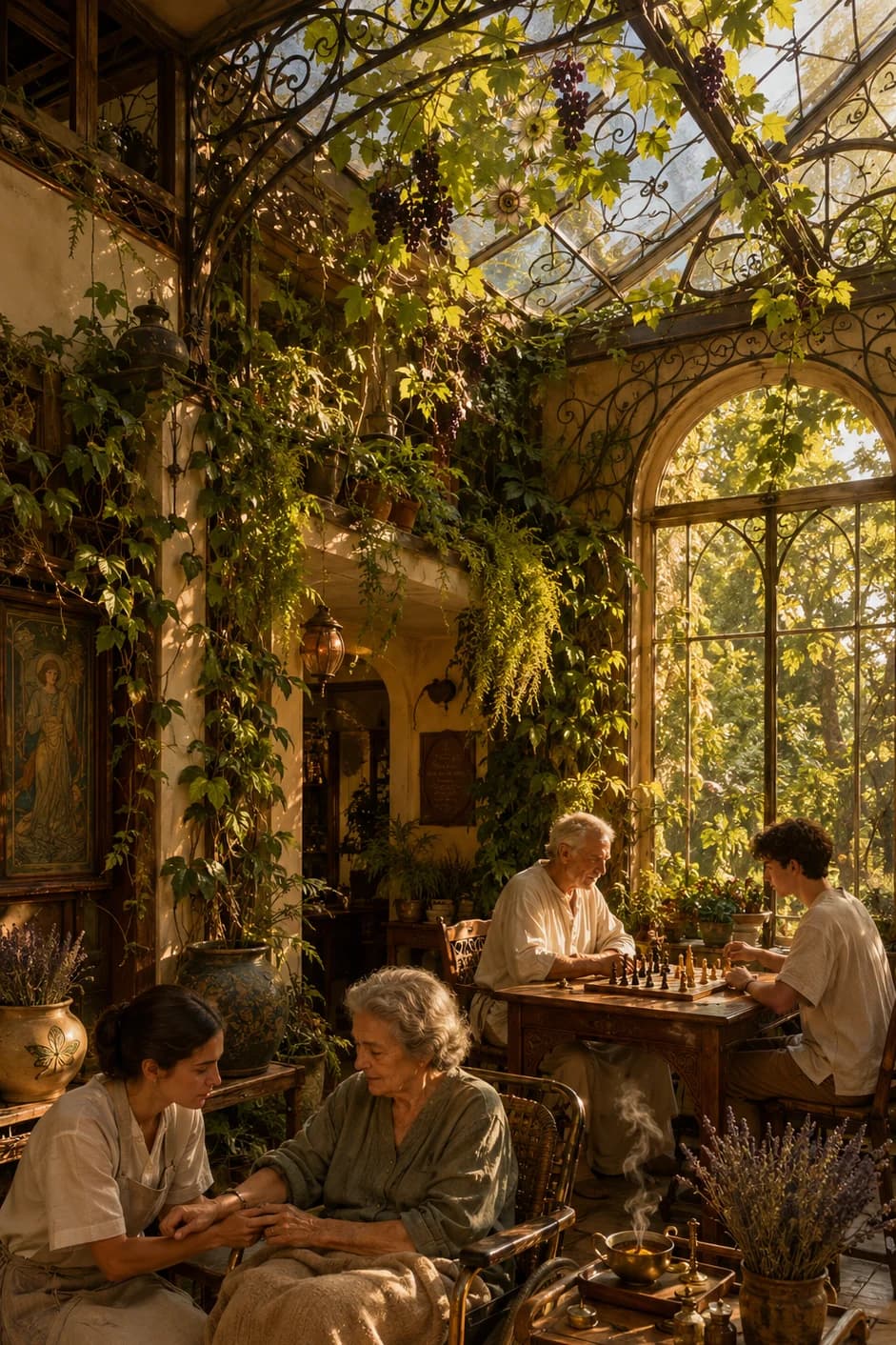 Solarpunk neighborhood care center in a glasshouse: an elder in a wheelchair, an attendant, and two men playing chess