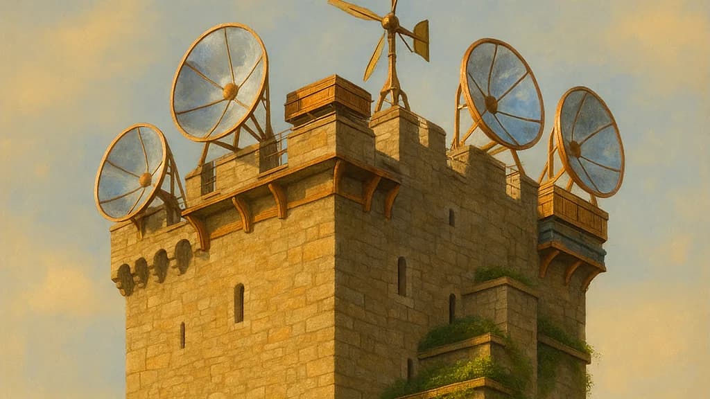 Solarpunk medieval castle keep with rooftop solar concentrators and wind device; herb garden and beekeeper at the base