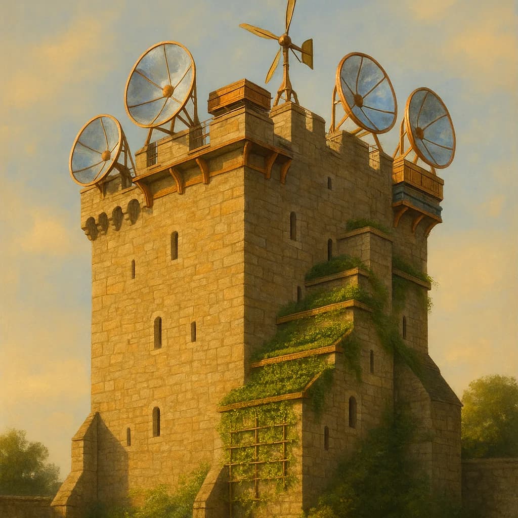 Solarpunk medieval castle keep with rooftop solar concentrators and wind device; herb garden and beekeeper at the base